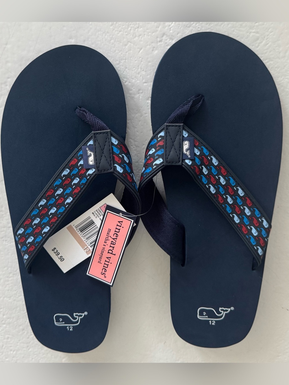 Vineyard Vines Navy Flip Flops with Multicolor Whale Pattern